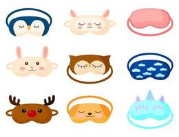 Kit children s sleep mask with different design on white background. Set face mask for sleeping human with dog, deer, owl, sheep, rabbit, penguin, unicon and cloud vector