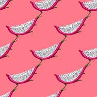 Geometric seamless pattern with slice red dragon fruit on bright background. vector