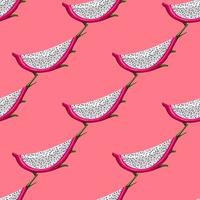 Geometric seamless pattern with slice red dragon fruit on bright background. vector