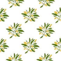 Isolated lemon fruit seamless doodle pattern with green leaves. White background. vector