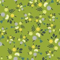 Random seamless pattern with blue and yellow apples and leaf elements. Green background. Fruit print. vector