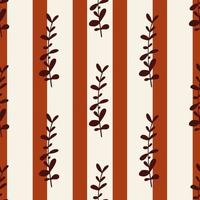 Maroon eucalyptus silhouettes seamless pattern in botanic style. Light grey and orange striped background. vector