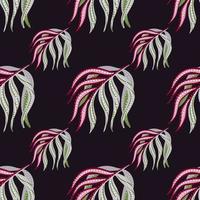 Hand drawn contrast seamless pattern with pink and blue colored palm leaf elements. Black background. vector