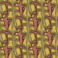 Simple style tropical seamless pattern with doodle green and yellow colored palm leaves print. Pink background. vector