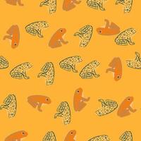 Contoured seamless pattern with hand drawn outline frog silhouettes print. Orange background. Doodle artwork. vector