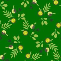 Floral seamless pattern with botanic leaves and apples print. Bright green background. vector