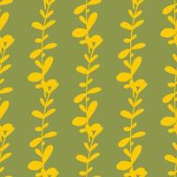 Yellow herbal eucalyptus elements seamless doodle pattern. Green pastel background. Summer backdrop. vector