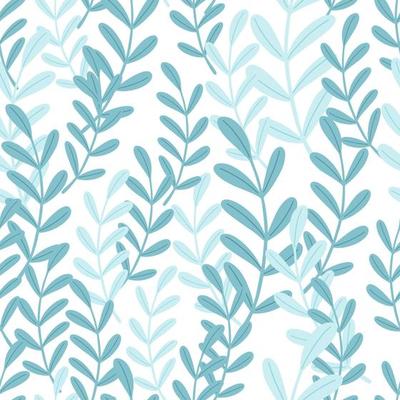 Decorative seamless isolated pattern with random blue simple style herbal twigs ornament. White background.