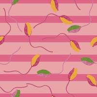 Bloom seamless pattern with random poppy bud yellow and green flowers elements. Pink striped background. vector