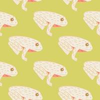 Light pink frog ornament seamless pattern in hand drawn doodle style. Pastel green olive background. vector