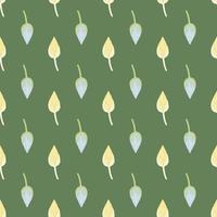 Creative seamless pattern with light orange and blue colored lotus bud shapes. Green background. vector