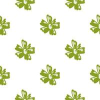 patrón inconsútil aislado de primavera con elementos de capullo de flor abstracta verde garabato. Fondo blanco. vector