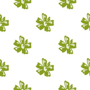 Spring isolated seamless pattern with doodle green abstract flower bud elements. White background. vector
