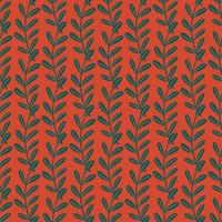 Turquoise diagonal simple herbal twigs seamless pattern. Hand drawn style. Red bright background. vector