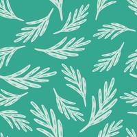 Random seamless pattern with white simple leaf twigs ornament. Turquoise bright background. vector