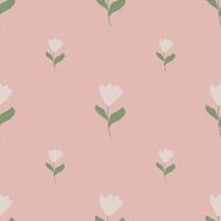 Minimalistic style seamless pattern with simple tulip flowers shapes. Pink light background. Doodle style. vector