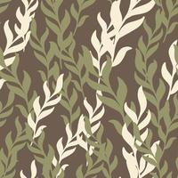 Random seamless pattern with doodle seaweed flora ornament. Brown background. Aqua print. vector