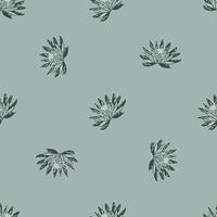 Seamless pattern with hand drawing lotus on blue background. Vector floral template in doodle style. Gentle summer botanical texture.