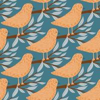 Beige hand drawn bird seamless pattern in doodle style. Branches elements. Blue background. vector