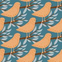 Beige hand drawn bird seamless pattern in doodle style. Branches elements. Blue background. vector