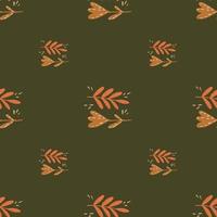 Vintage nature seamless pattern with orange colored flowers and branches. Olive background. vector