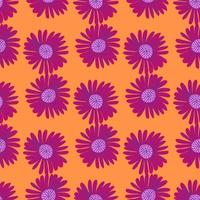 Bright seamless botanic pattern with bright pink daisy flower elements. Orange background. Simple style. vector