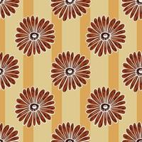 Maroon contoured sunflower shapes seamless nature pattern. Pastel orange striped background. vector