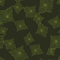 Seamless pattern spider web isolated on green background. Outline spooky cobwebs template for fabric. vector