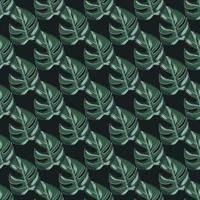 Exotic seamless pattern with dark green hand drawn monstera silhouettes print. Navy blue background. vector