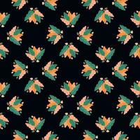 Contrast abstract seamless pattern with turquoise and orange leaf shapes. Black background. vector