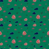 Seamless pattern trees and stones on green background. Abstract texture decoration from tree, rock and bushes. vector