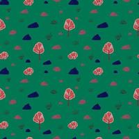 Seamless pattern trees and stones on green background. Abstract texture decoration from tree, rock and bushes. vector