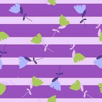 Decorative seamless pattern with random blue and green flores elements. Purple striped background. vector