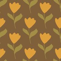 Decorative seamless pattern with hand drawn orange simple tulip flowers ornament. Brown background. vector