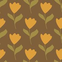 Decorative seamless pattern with hand drawn orange simple tulip flowers ornament. Brown background. vector