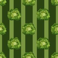 Seamless pattern Butterhead salad on dark green striped background. Simple ornament with lettuce. vector