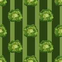 Seamless pattern Butterhead salad on dark green striped background. Simple ornament with lettuce. vector