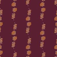 Decorative seamless pattern with simple hand drawn flowers ornament. Maroon background. vector