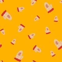 Random seamless doodle pattern with hand drawn red and pink mittens ornament. Yellow background. vector