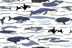 ballenas de patrones sin fisuras sobre fondo blanco con olas y manchas. plantilla de personajes de dibujos animados del océano en estilo escandinavo para niños. vector