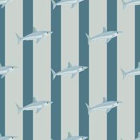 Seamless pattern shark Mako on blue gray striped background. Animal templates for fabric. vector