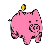 Pink piggy bank isolated on white background. Box for safe savings, coins, cash, gold. Money pig in doodle style. vector