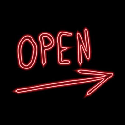 Red neon open sign. Open sign with arrow. Vector illustration