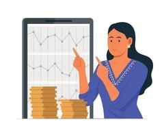 mujer invirtiendo y obteniendo ganancias. vector