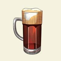 Full beer mug with foam isolated on light background. Hand drawn style glass of dark beer. vector