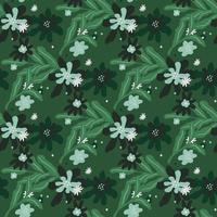 Botanic seamless pattern with creative foliage ornament and simple flower silhouettes. Green background. vector