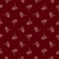 Geometric style botanic seamless pattern with pink colored gypsophila ornament. Maroon dark background. vector