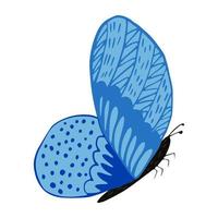 Butterfly isolated on white background. Abstract insect for pollination in black and blue in doodle style. vector