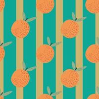 Creative seamless pattern with doodle orange mandarins print. Striped background with beige and blue lines. vector