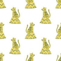 Isolated seamless pattern with yellow cartoon tiger silhouettes. White background. Circus print. vector